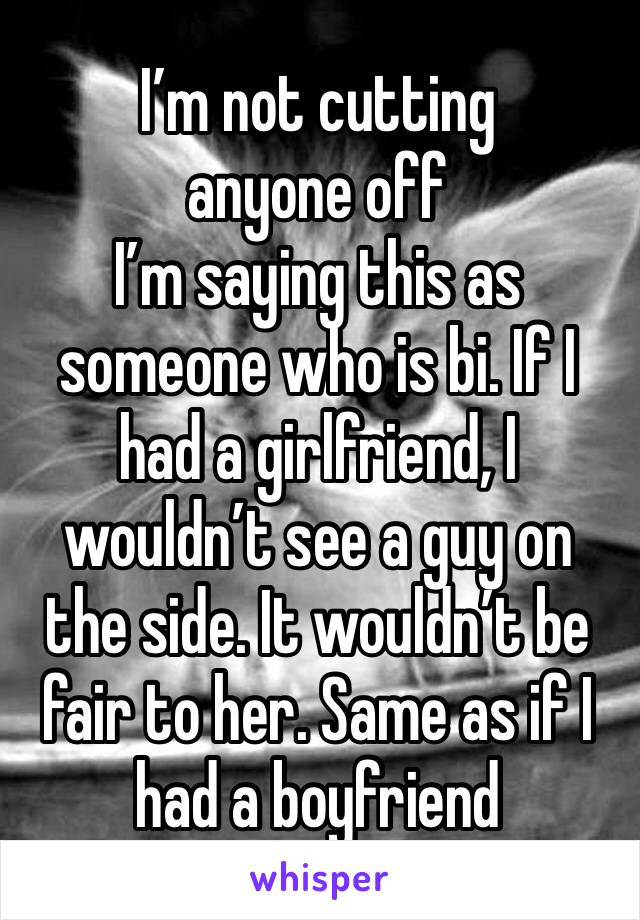 I’m not cutting anyone off
I’m saying this as someone who is bi. If I had a girlfriend, I wouldn’t see a guy on the side. It wouldn’t be fair to her. Same as if I had a boyfriend 