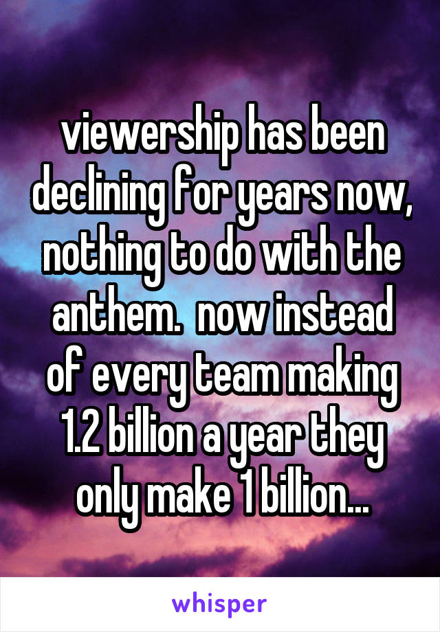 viewership has been declining for years now, nothing to do with the anthem.  now instead of every team making 1.2 billion a year they only make 1 billion...