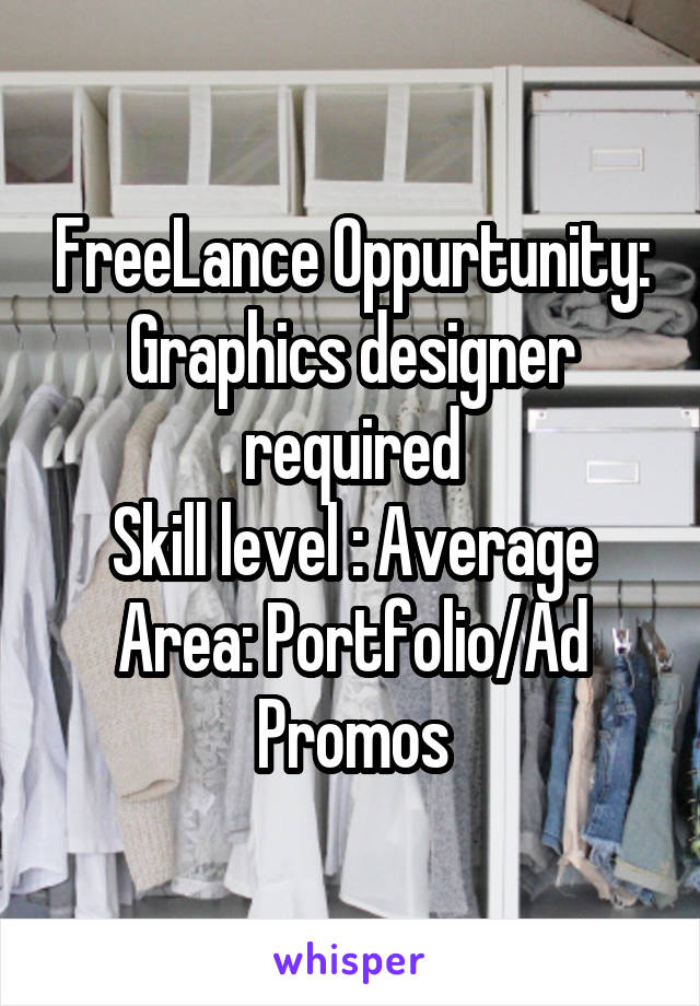FreeLance Oppurtunity:
Graphics designer required
Skill level : Average
Area: Portfolio/Ad Promos