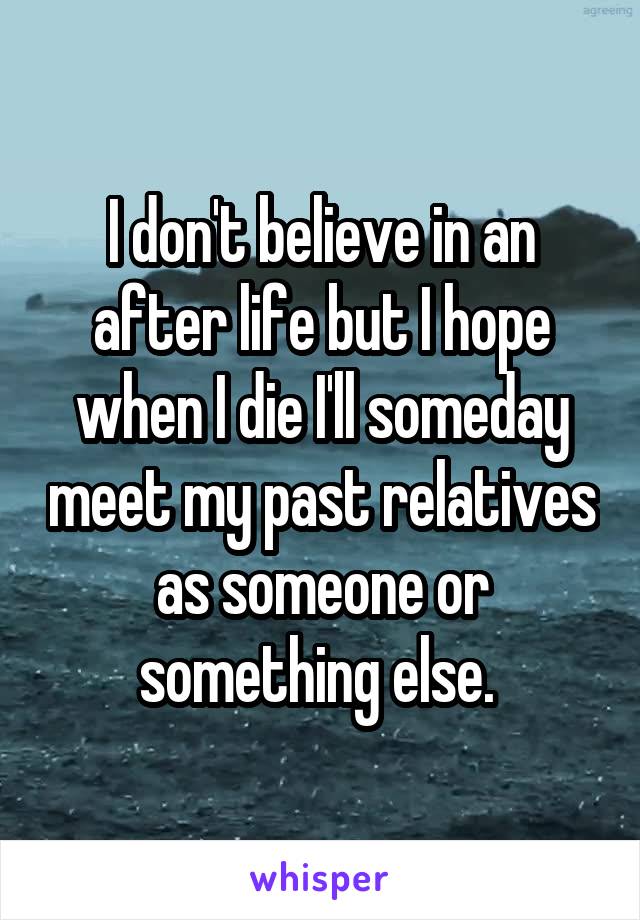 I don't believe in an after life but I hope when I die I'll someday meet my past relatives as someone or something else. 