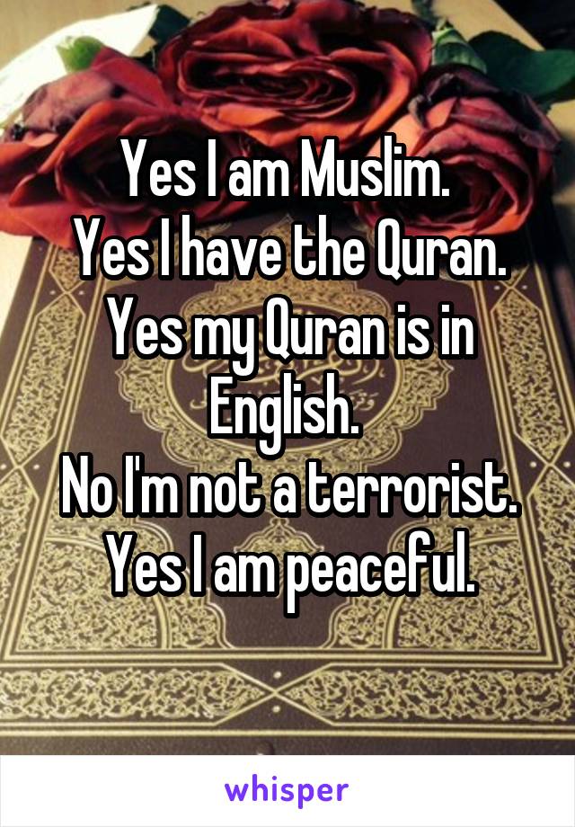 Yes I am Muslim. 
Yes I have the Quran.
Yes my Quran is in English. 
No I'm not a terrorist.
Yes I am peaceful.
