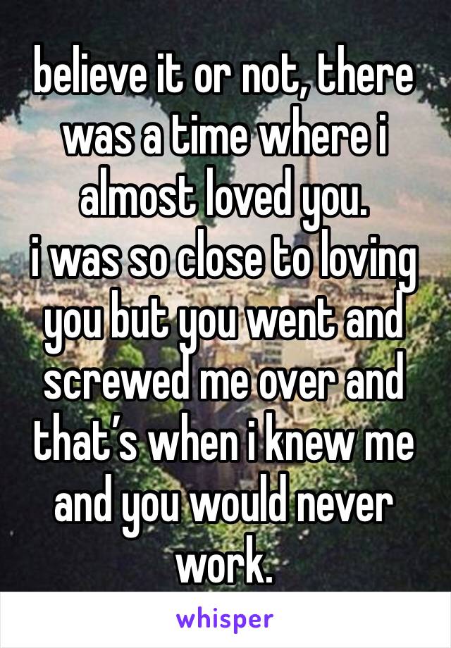 believe it or not, there was a time where i almost loved you. 
i was so close to loving you but you went and screwed me over and that’s when i knew me and you would never work. 