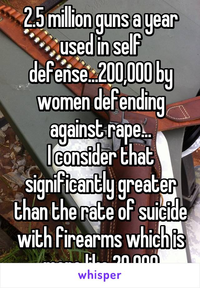 2.5 million guns a year used in self defense...200,000 by women defending against rape...
I consider that significantly greater than the rate of suicide with firearms which is more like 20,000