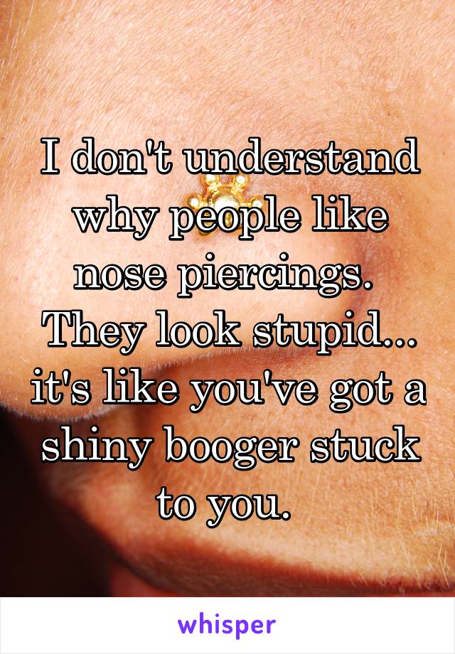 I don't understand why people like nose piercings.  They look stupid... it's like you've got a shiny booger stuck to you. 