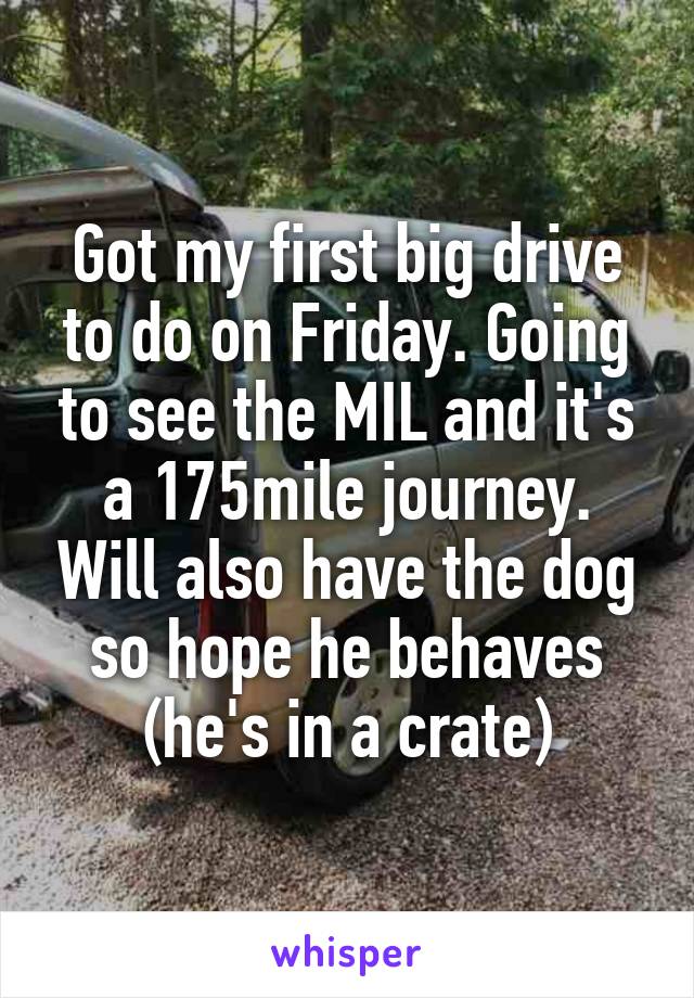 Got my first big drive to do on Friday. Going to see the MIL and it's a 175mile journey. Will also have the dog so hope he behaves (he's in a crate)