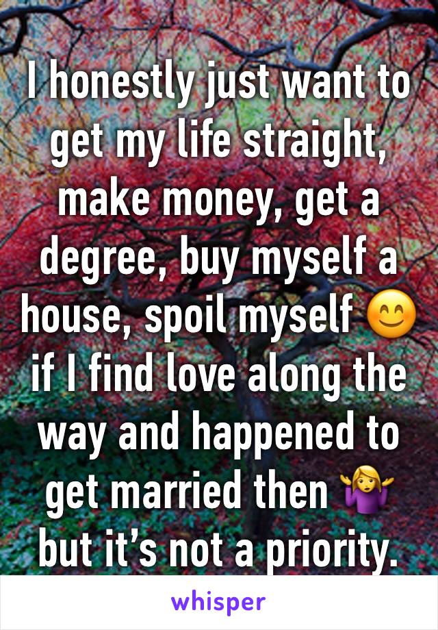 I honestly just want to get my life straight, make money, get a degree, buy myself a house, spoil myself 😊if I find love along the way and happened to get married then 🤷‍♀️ but it’s not a priority.
