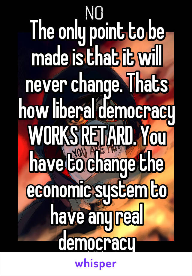 The only point to be made is that it will never change. Thats how liberal democracy WORKS RETARD. You have to change the economic system to have any real democracy