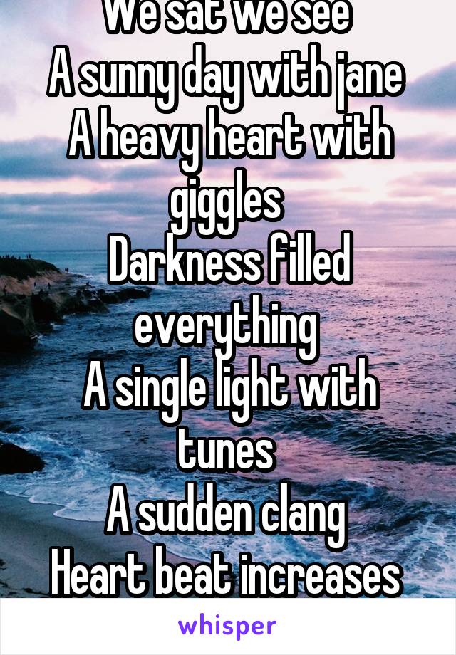 We sat we see 
A sunny day with jane 
A heavy heart with giggles 
Darkness filled everything 
A single light with tunes 
A sudden clang 
Heart beat increases 
Stand by.