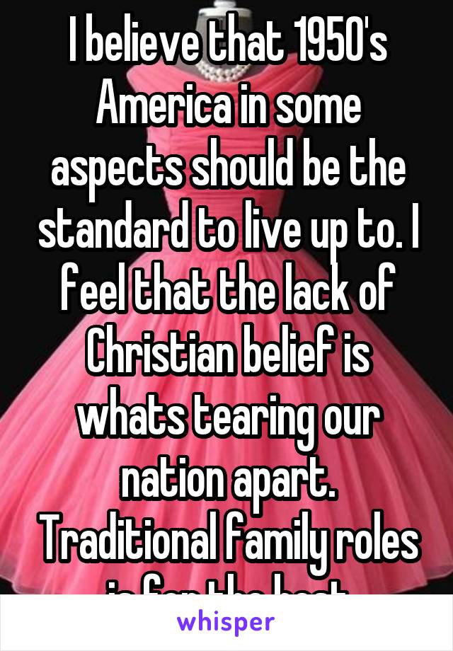 I believe that 1950's America in some aspects should be the standard to live up to. I feel that the lack of Christian belief is whats tearing our nation apart. Traditional family roles is for the best