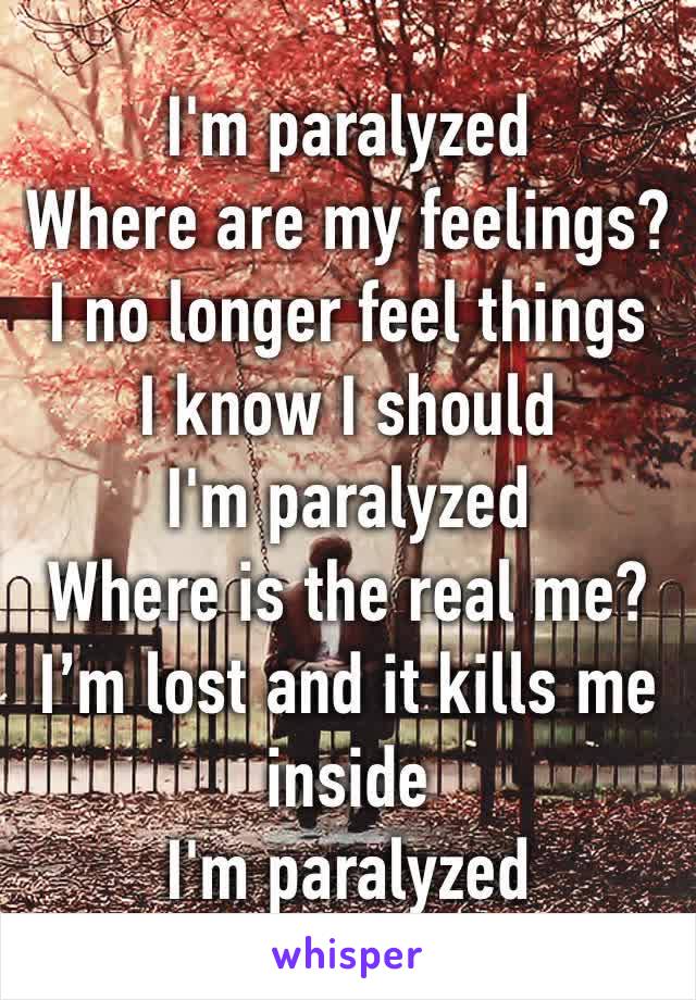 I'm paralyzed
Where are my feelings?
I no longer feel things
I know I should
I'm paralyzed
Where is the real me?
I’m lost and it kills me inside
I'm paralyzed