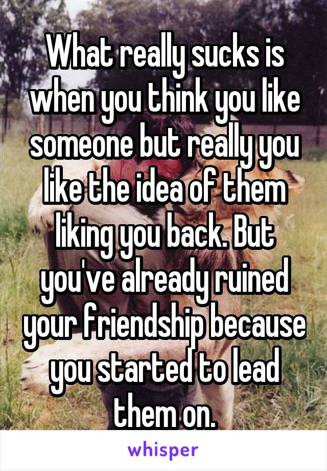 What really sucks is when you think you like someone but really you like the idea of them liking you back. But you've already ruined your friendship because you started to lead them on.
