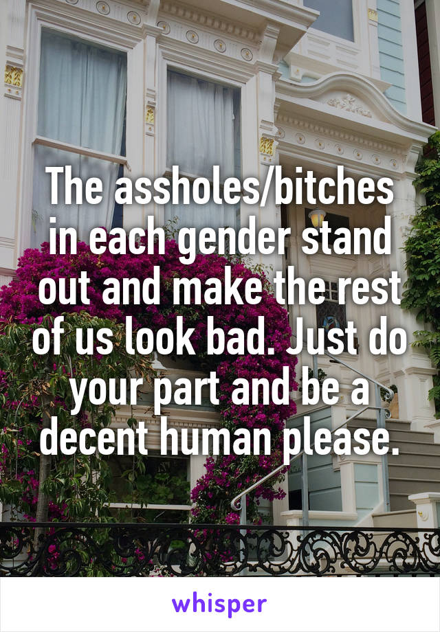 The assholes/bitches in each gender stand out and make the rest of us look bad. Just do your part and be a decent human please.