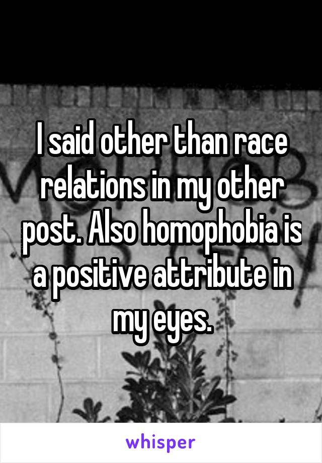 I said other than race relations in my other post. Also homophobia is a positive attribute in my eyes.