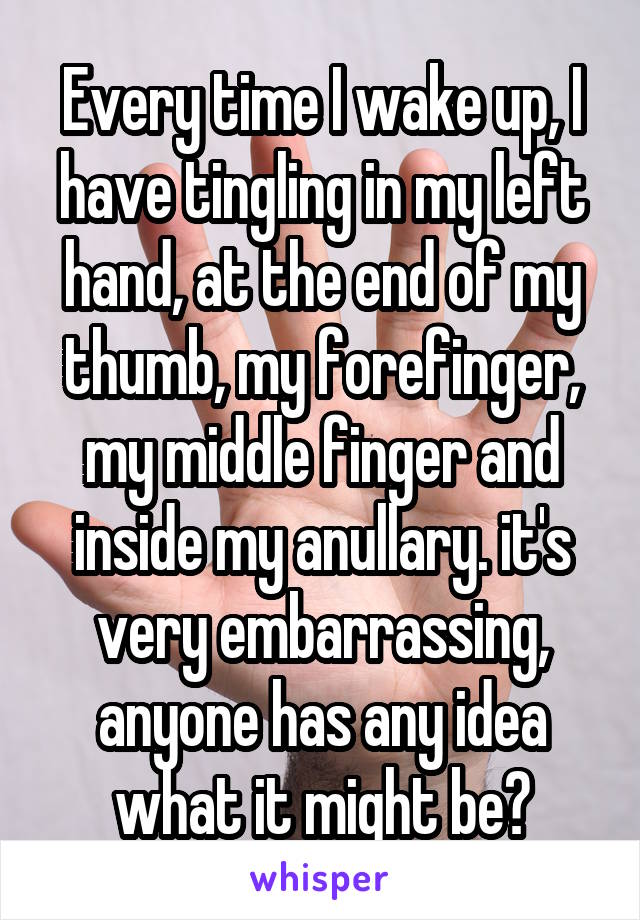 Every time I wake up, I have tingling in my left hand, at the end of my thumb, my forefinger, my middle finger and inside my anullary. it's very embarrassing, anyone has any idea what it might be?