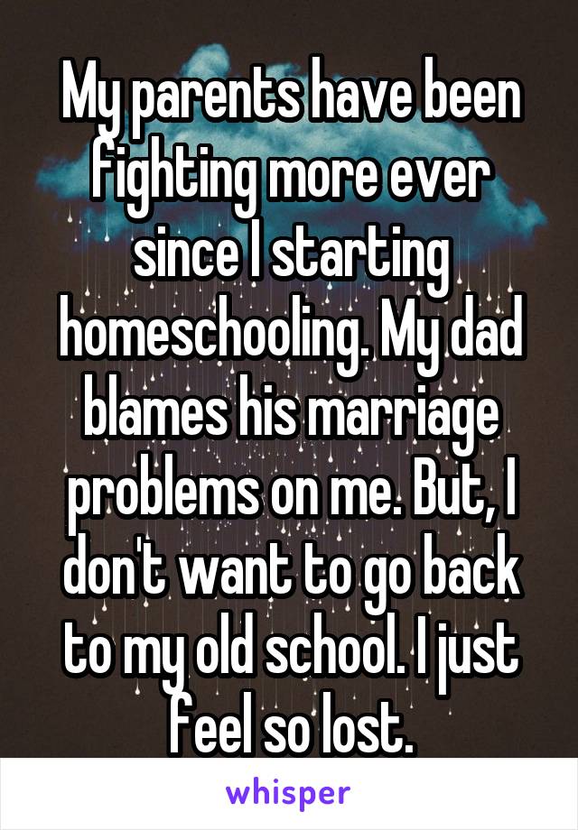 My parents have been fighting more ever since I starting homeschooling. My dad blames his marriage problems on me. But, I don't want to go back to my old school. I just feel so lost.