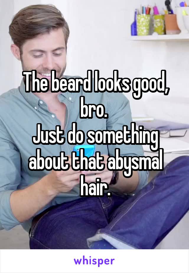 The beard looks good, bro. 
Just do something about that abysmal hair.