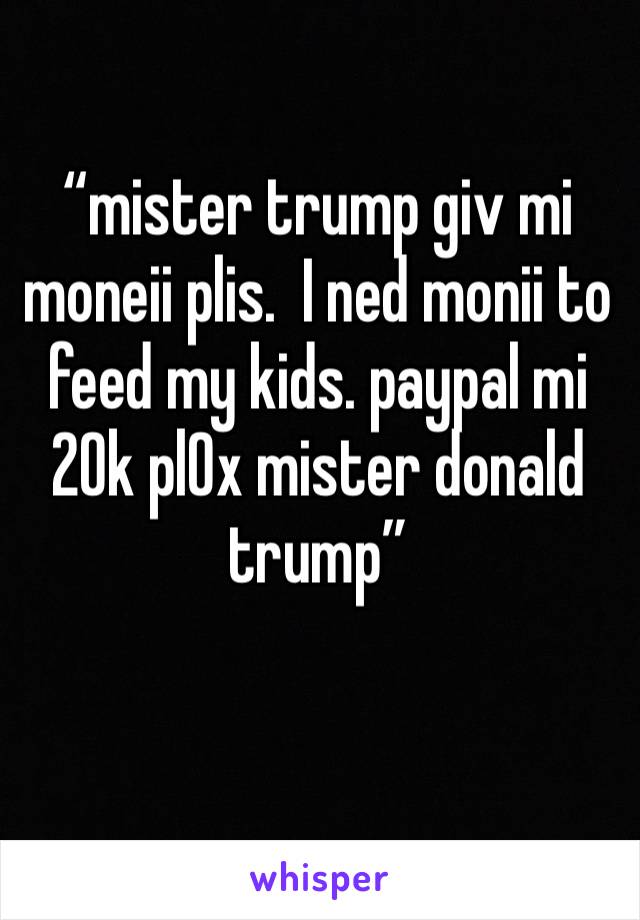 “mister trump giv mi moneii plis.  I ned monii to feed my kids. paypal mi 20k pl0x mister donald trump”
