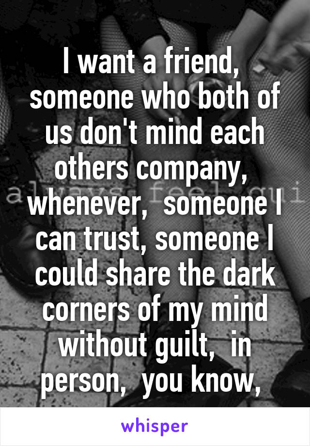 I want a friend,  someone who both of us don't mind each others company,  whenever,  someone I can trust, someone I could share the dark corners of my mind without guilt,  in person,  you know, 