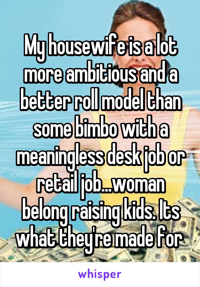 My housewife is a lot more ambitious and a better roll model than some bimbo with a meaningless desk job or retail job...woman belong raising kids. Its what they're made for 