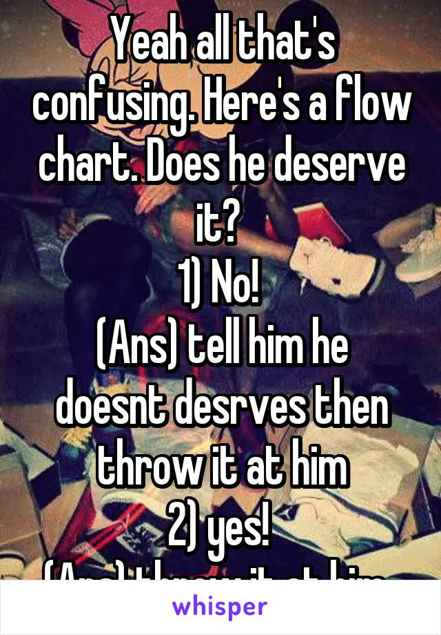 Yeah all that's confusing. Here's a flow chart. Does he deserve it? 
1) No! 
(Ans) tell him he doesnt desrves then throw it at him
2) yes! 
(Ans) throw it at him. 