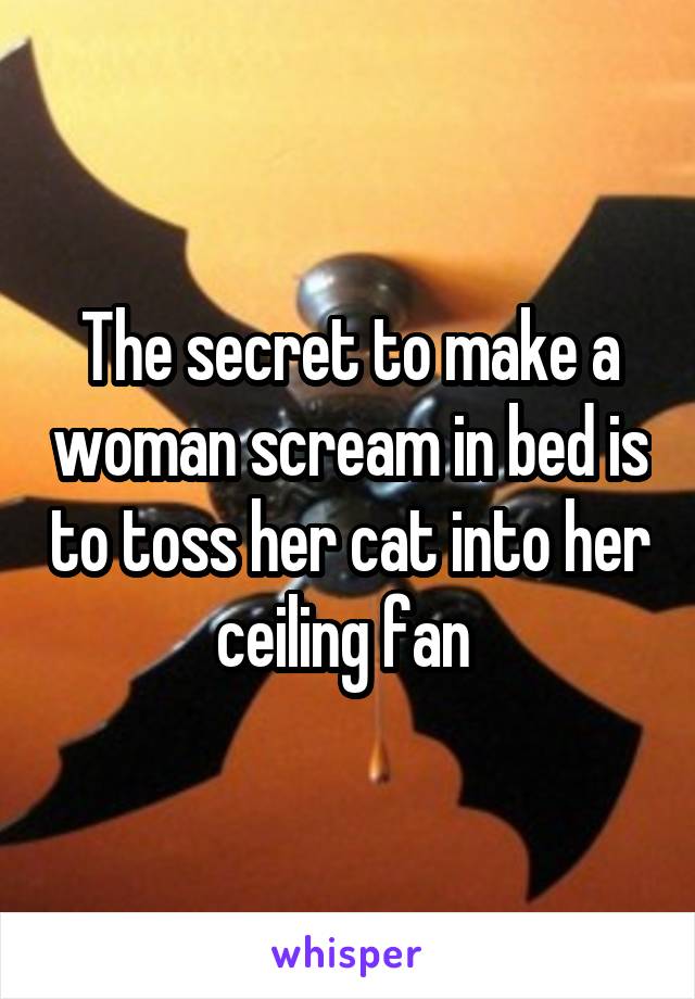 The secret to make a woman scream in bed is to toss her cat into her ceiling fan 