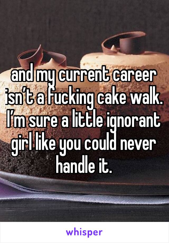 and my current career isn’t a fucking cake walk. I’m sure a little ignorant girl like you could never handle it.