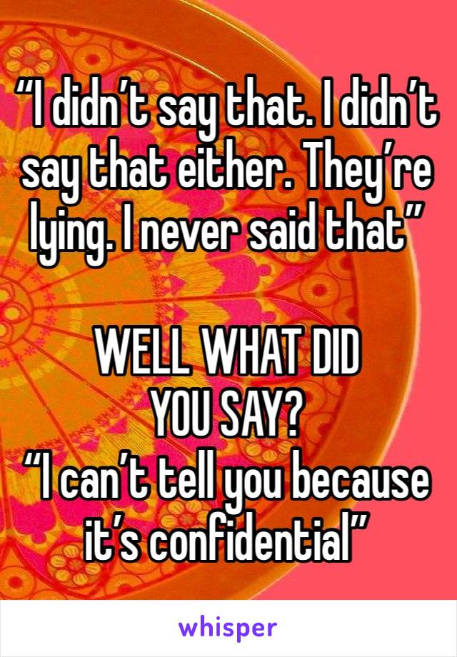“I didn’t say that. I didn’t say that either. They’re lying. I never said that”

WELL WHAT DID YOU SAY?
“I can’t tell you because it’s confidential”
