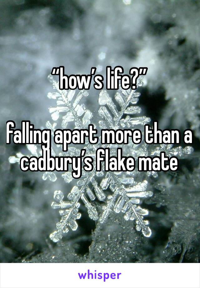“how’s life?” 

falling apart more than a cadbury’s flake mate 