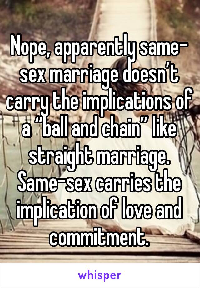 Nope, apparently same-sex marriage doesn’t carry the implications of a “ball and chain” like straight marriage. Same-sex carries the implication of love and commitment.