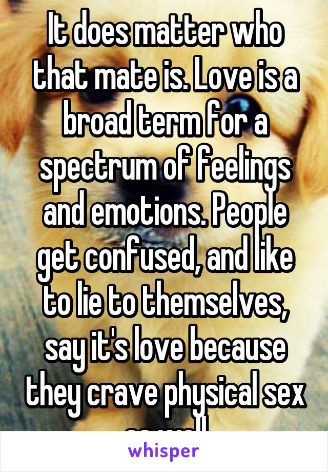 It does matter who that mate is. Love is a broad term for a spectrum of feelings and emotions. People get confused, and like to lie to themselves, say it's love because they crave physical sex as well