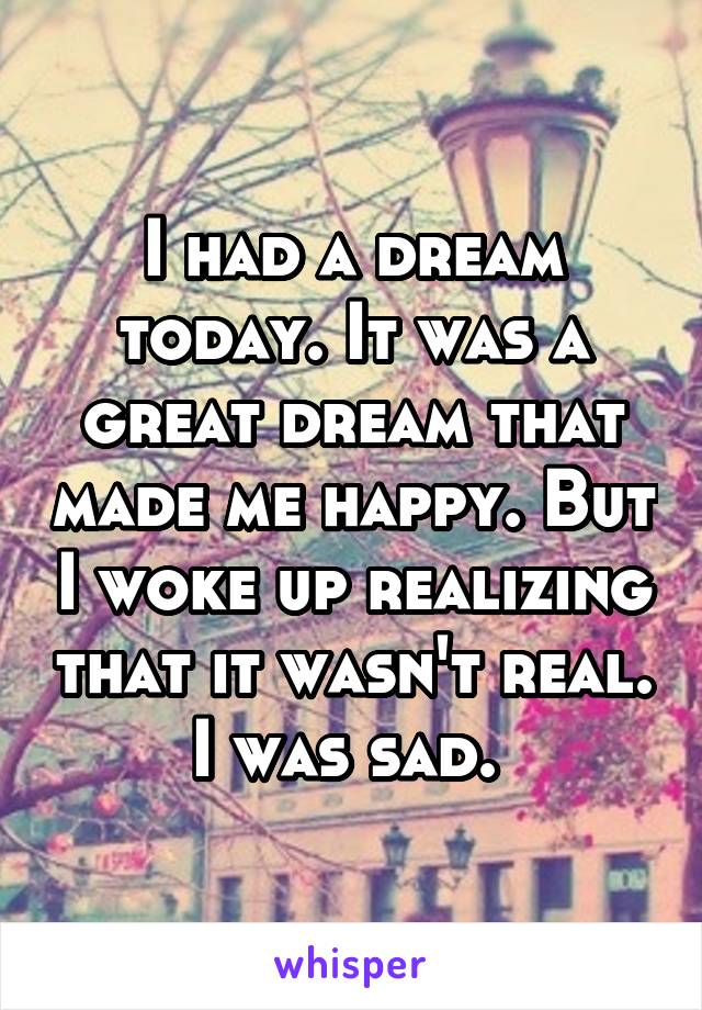I had a dream today. It was a great dream that made me happy. But I woke up realizing that it wasn't real. I was sad. 