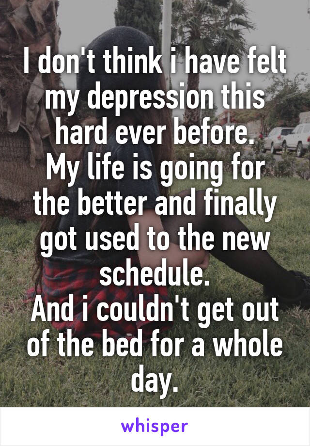 I don't think i have felt my depression this hard ever before.
My life is going for the better and finally got used to the new schedule.
And i couldn't get out of the bed for a whole day.