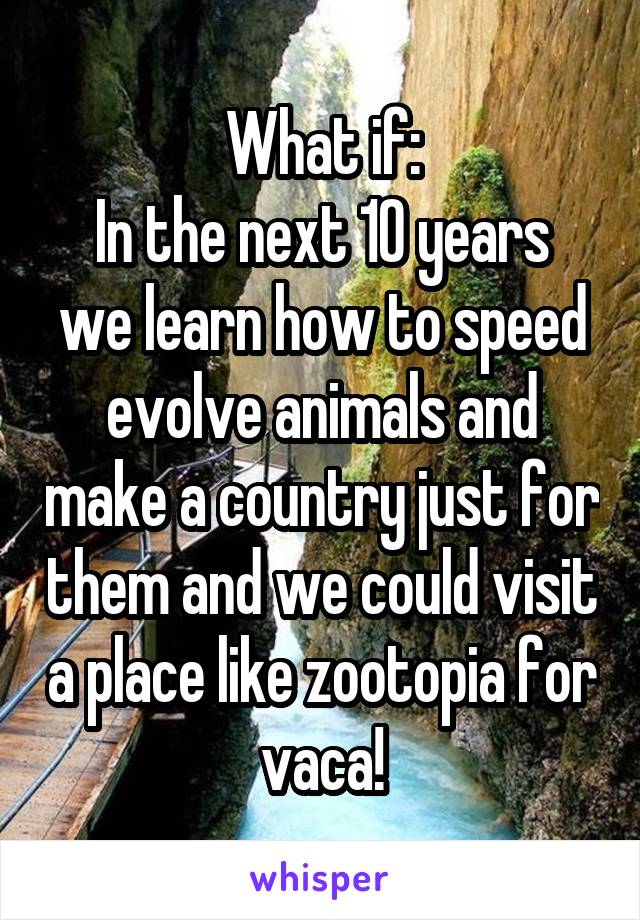 What if:
In the next 10 years we learn how to speed evolve animals and make a country just for them and we could visit a place like zootopia for vaca!