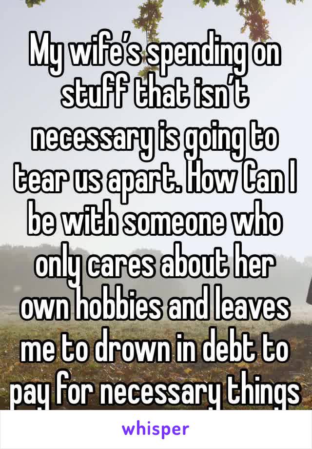 My wife’s spending on stuff that isn’t necessary is going to tear us apart. How Can I be with someone who only cares about her own hobbies and leaves me to drown in debt to pay for necessary things