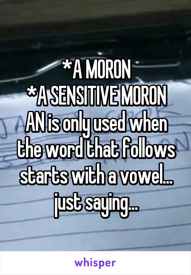 *A MORON
*A SENSITIVE MORON
AN is only used when the word that follows starts with a vowel... just saying...