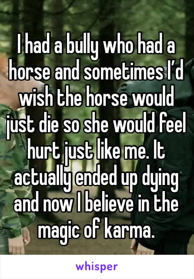 I had a bully who had a horse and sometimes I’d wish the horse would just die so she would feel hurt just like me. It actually ended up dying and now I believe in the magic of karma.