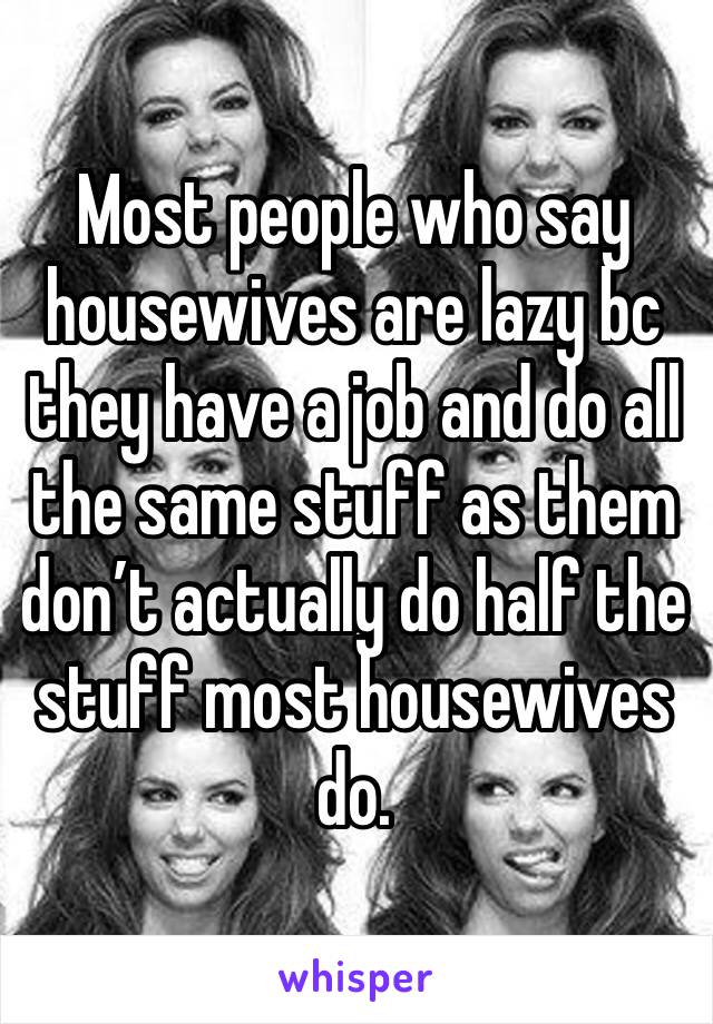 Most people who say housewives are lazy bc they have a job and do all the same stuff as them don’t actually do half the stuff most housewives do. 