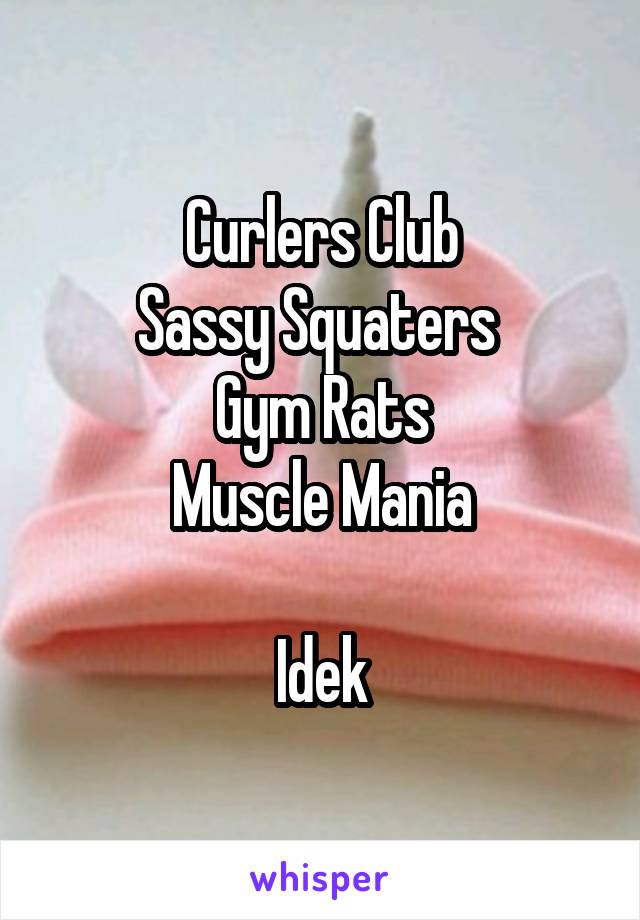 Curlers Club
Sassy Squaters 
Gym Rats
Muscle Mania

Idek