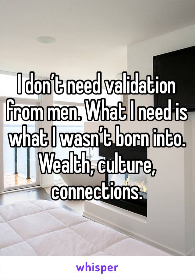 I don’t need validation from men. What I need is what I wasn’t born into. Wealth, culture, connections.
