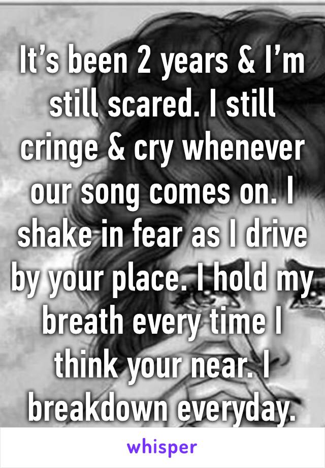 It’s been 2 years & I’m still scared. I still cringe & cry whenever our song comes on. I shake in fear as I drive by your place. I hold my breath every time I think your near. I breakdown everyday.