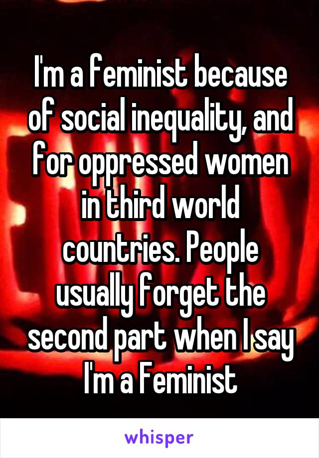 I'm a feminist because of social inequality, and for oppressed women in third world countries. People usually forget the second part when I say I'm a Feminist