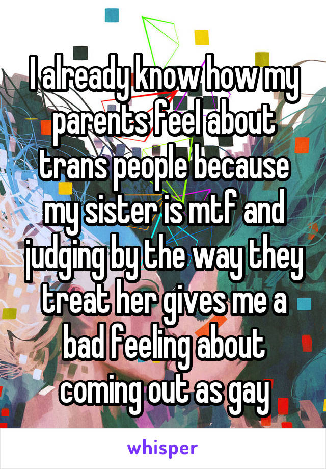 I already know how my parents feel about trans people because my sister is mtf and judging by the way they treat her gives me a bad feeling about coming out as gay