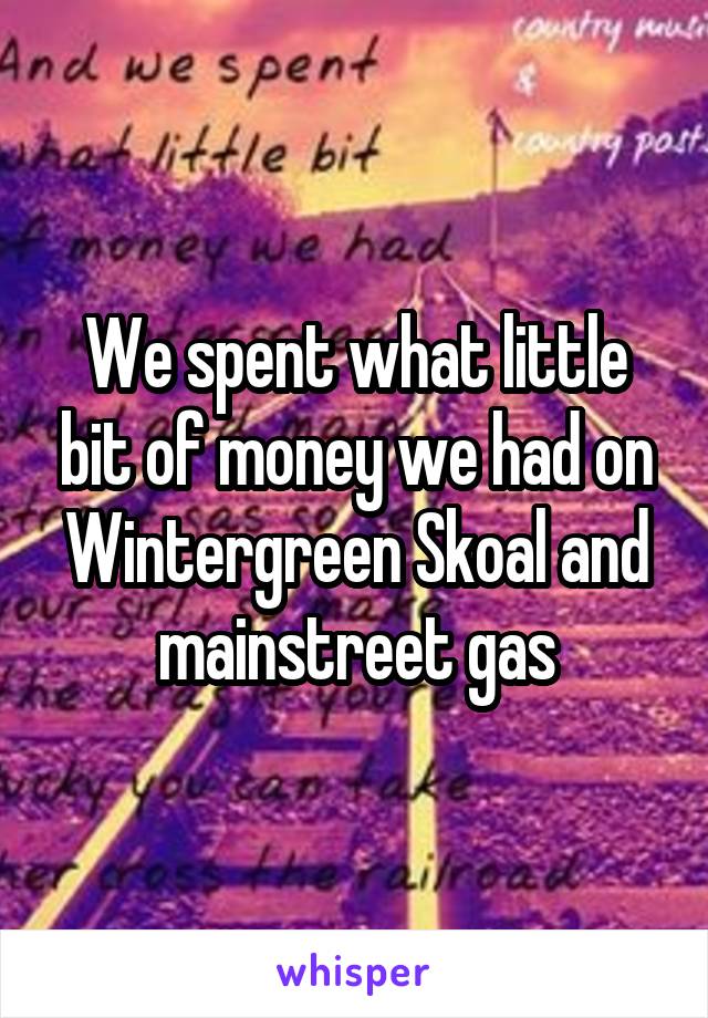 We spent what little bit of money we had on Wintergreen Skoal and mainstreet gas