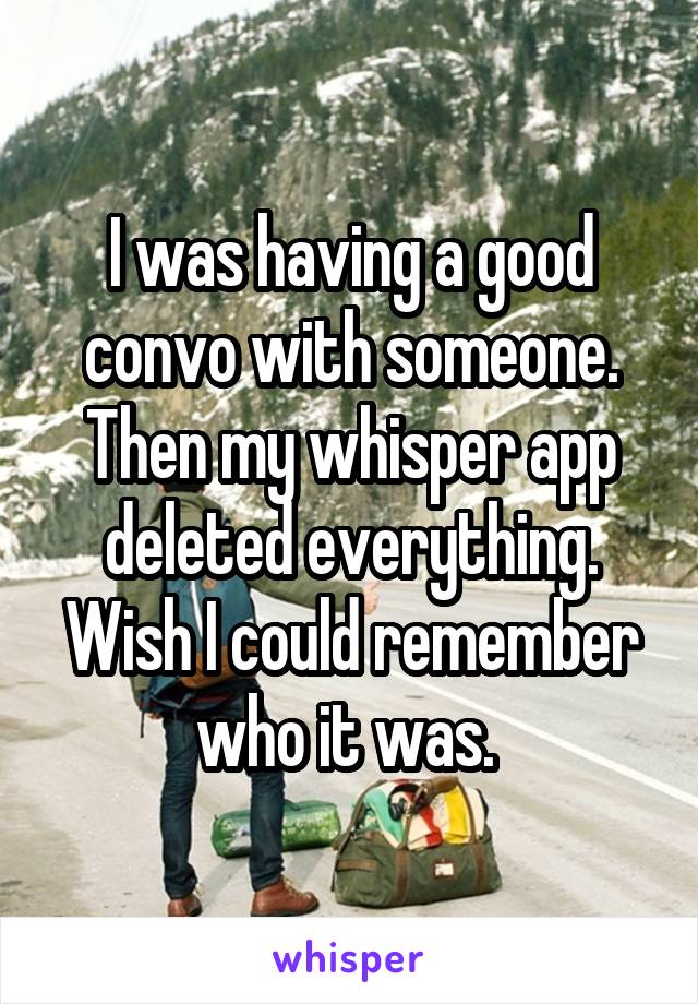 I was having a good convo with someone. Then my whisper app deleted everything. Wish I could remember who it was. 