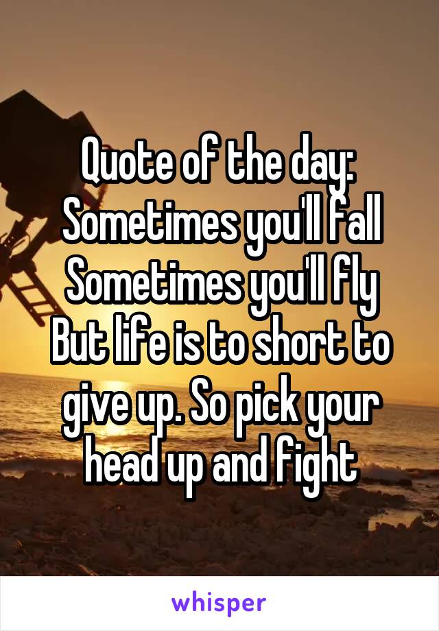 Quote of the day: 
Sometimes you'll fall
Sometimes you'll fly
But life is to short to give up. So pick your head up and fight