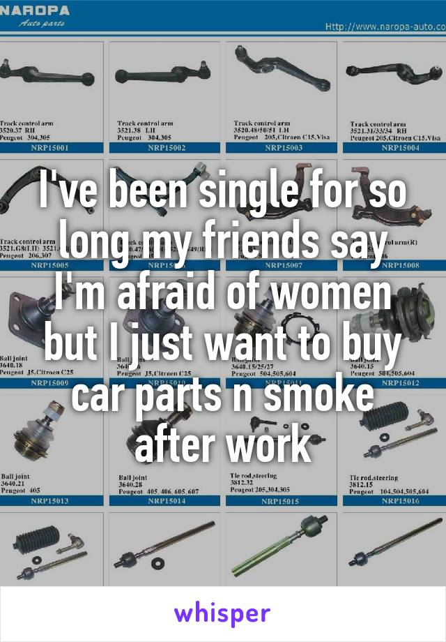 I've been single for so long my friends say I'm afraid of women but I just want to buy car parts n smoke after work
