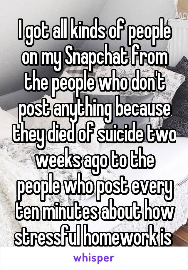 I got all kinds of people on my Snapchat from the people who don't post anything because they died of suicide two weeks ago to the people who post every ten minutes about how stressful homework is 
