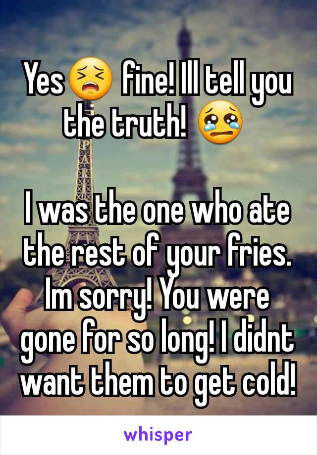 YesðŸ˜£ fine! Ill tell you the truth! ðŸ˜¢ 

I was the one who ate the rest of your fries. Im sorry! You were gone for so long! I didnt want them to get cold!