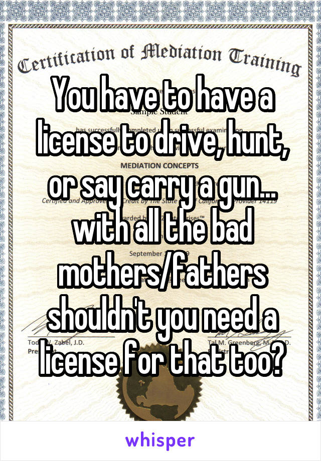You have to have a license to drive, hunt, or say carry a gun... with all the bad mothers/fathers shouldn't you need a license for that too?