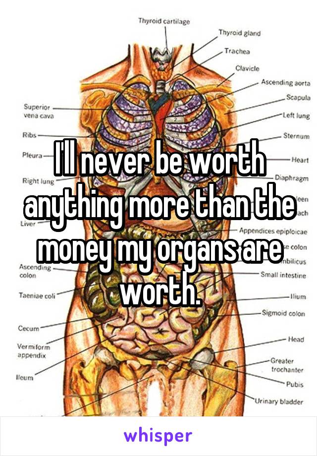 I'll never be worth anything more than the money my organs are worth.